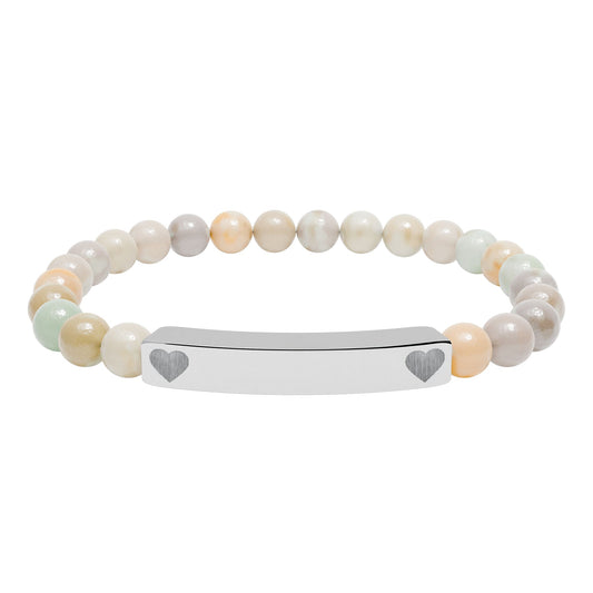 Personalizable Engraved Natural Stone Bar & Stretch Bead Bracelet with Heart Accent