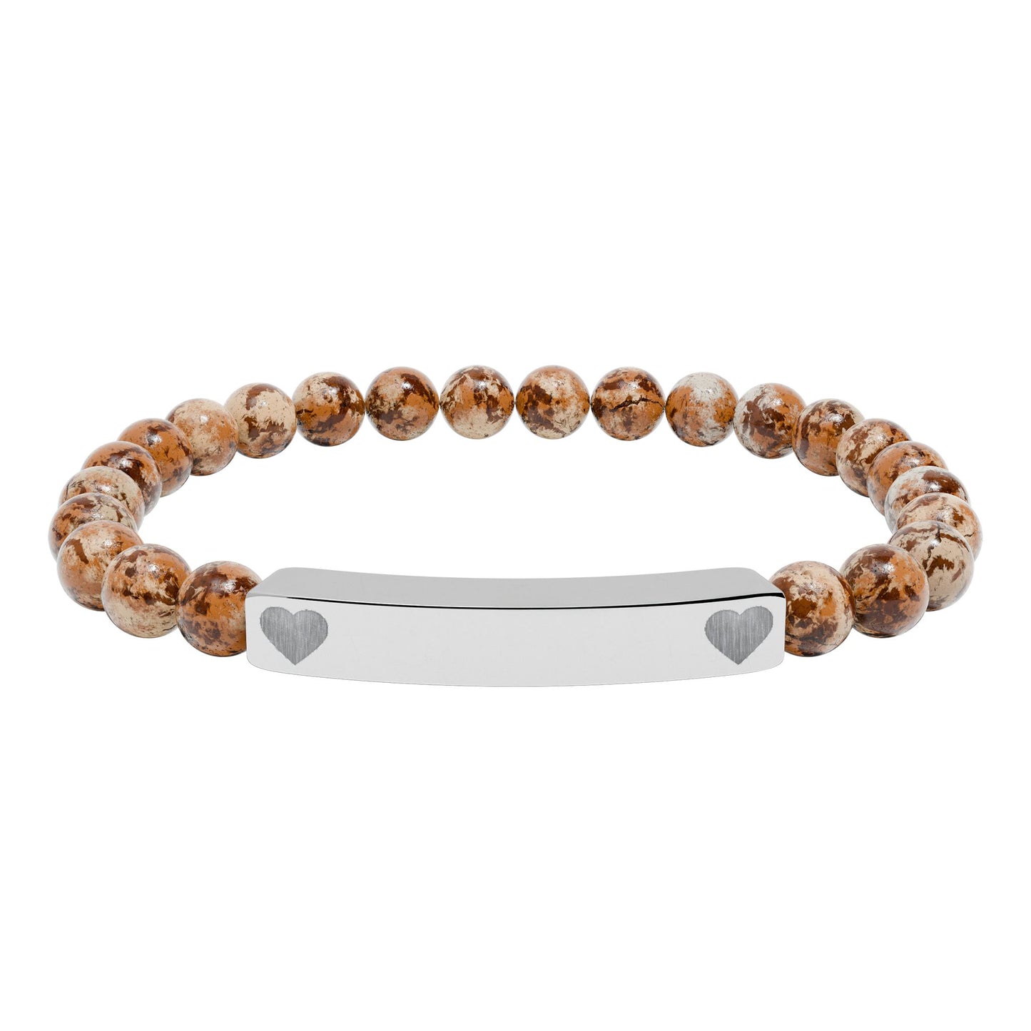 Personalizable Engraved Natural Stone Bar & Stretch Bead Bracelet with Heart Accent