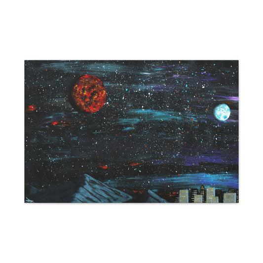 Mountain City Planets Painting Canvas Print
