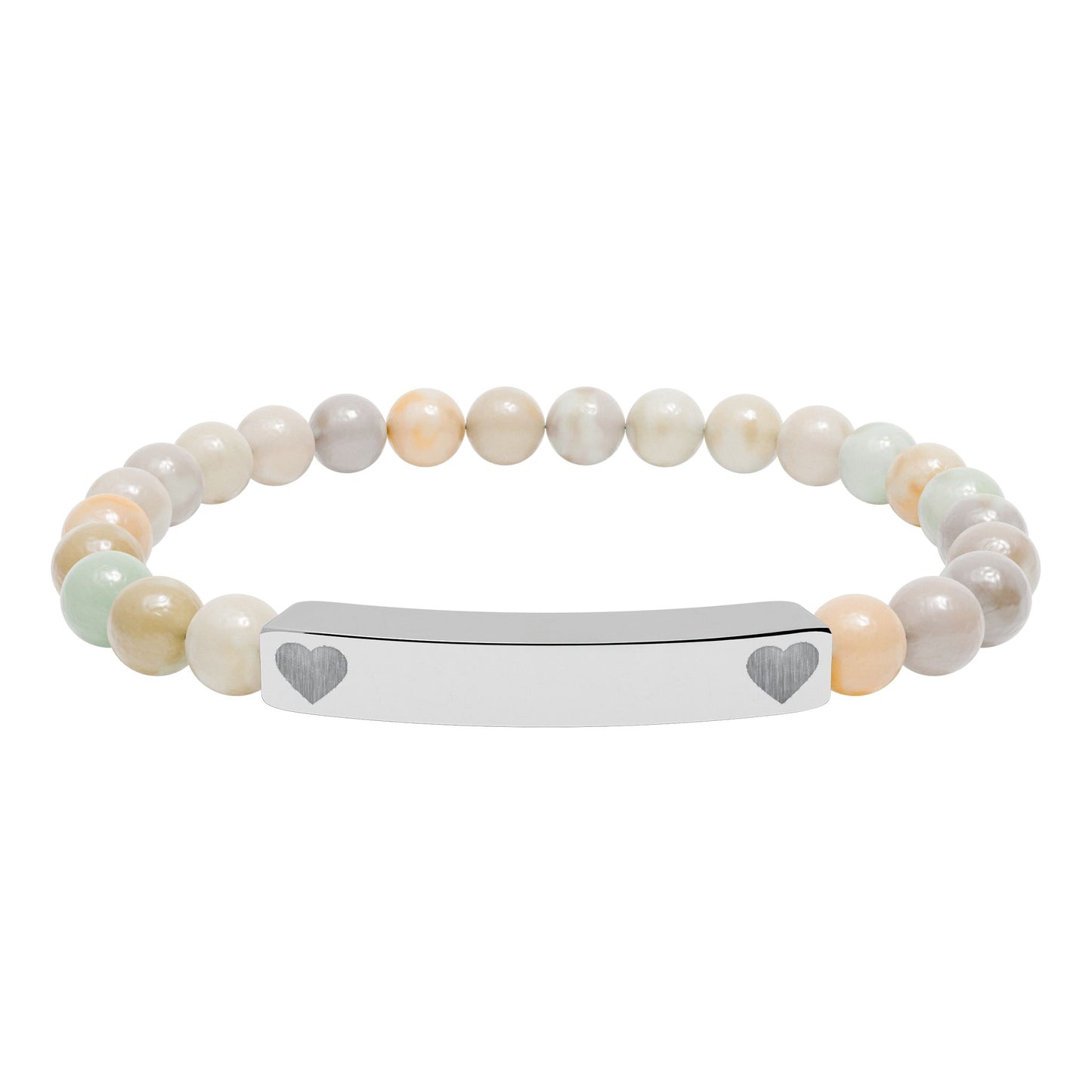 Personalizable Engraved Natural Stone Bar & Stretch Bead Bracelet with Heart Accent