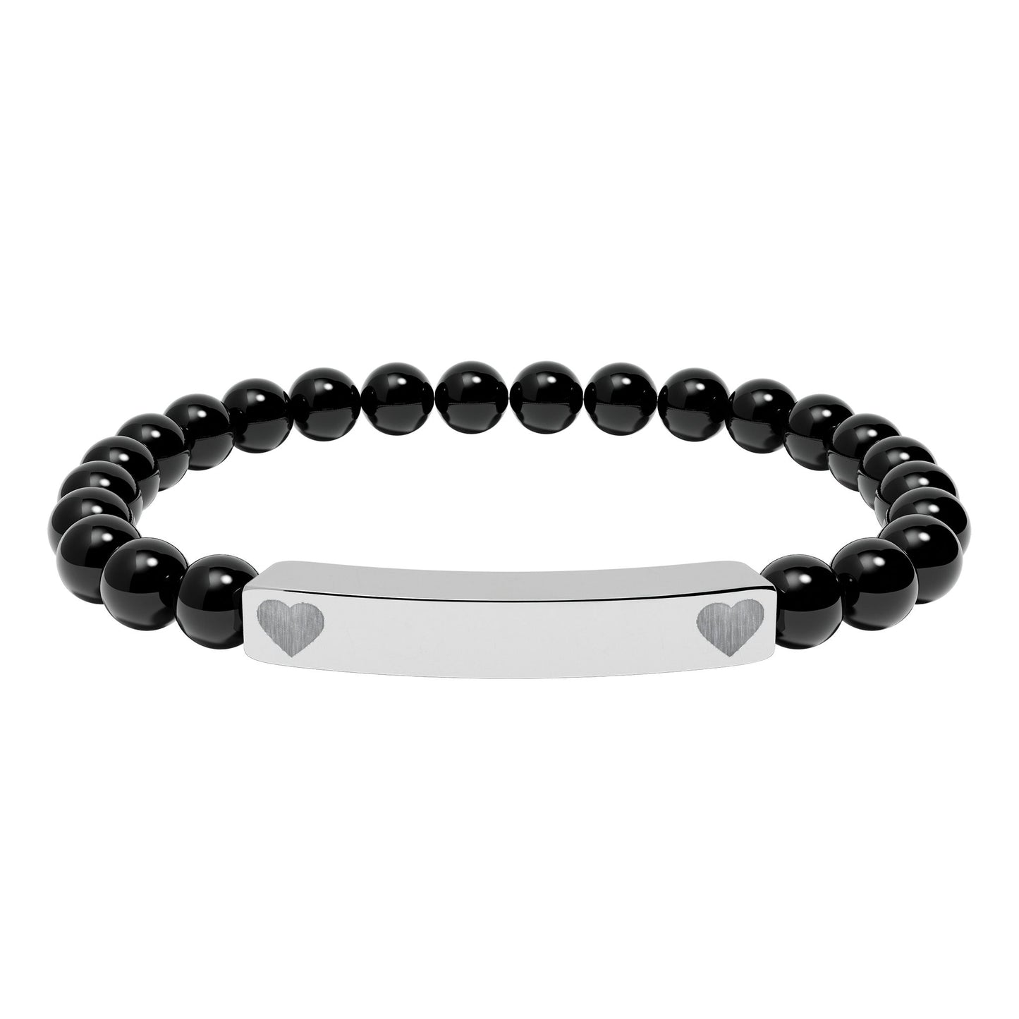 Personalizable Engraved Natural Stone Bar & Stretch Bead Bracelet with Heart Accent