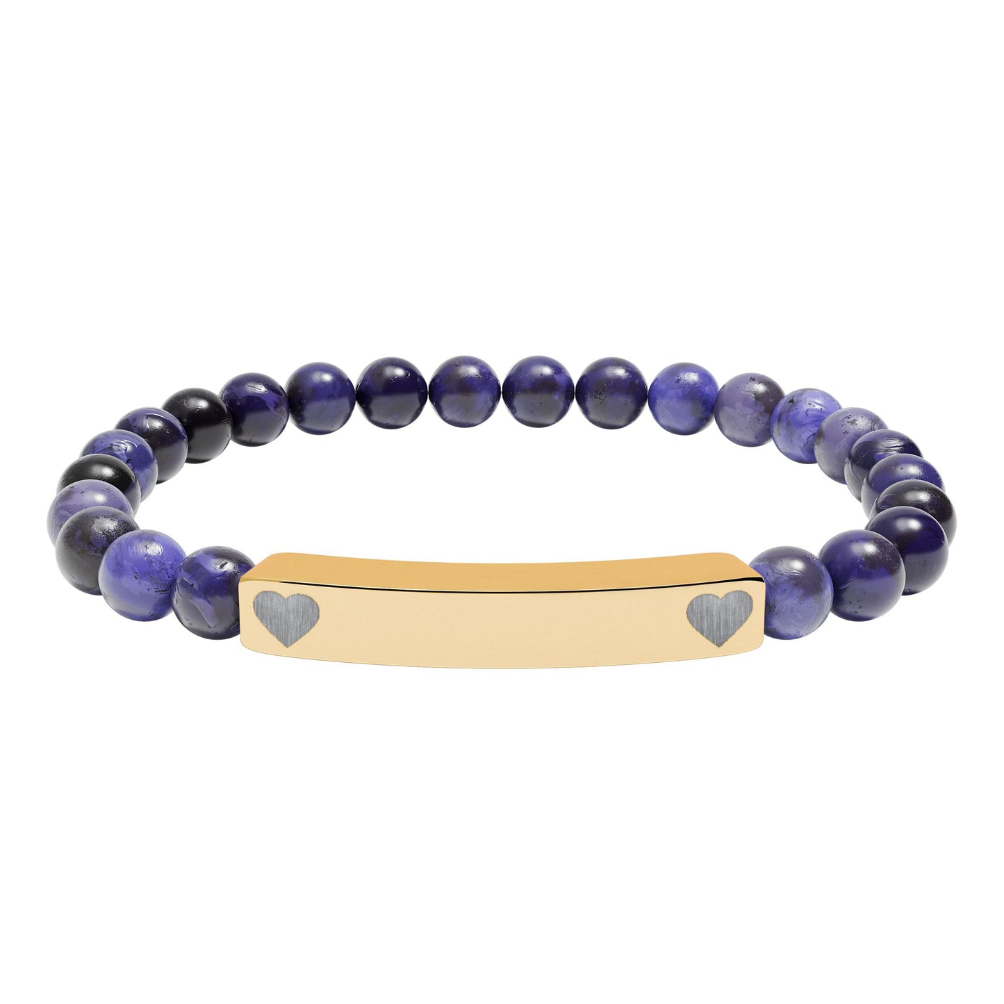 Personalizable Engraved Natural Stone Bar & Stretch Bead Bracelet with Heart Accent