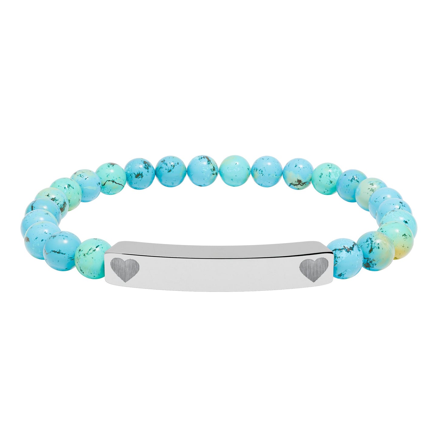 Personalizable Engraved Natural Stone Bar & Stretch Bead Bracelet with Heart Accent