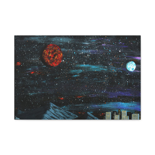 Mountain City Planets Painting Canvas Print