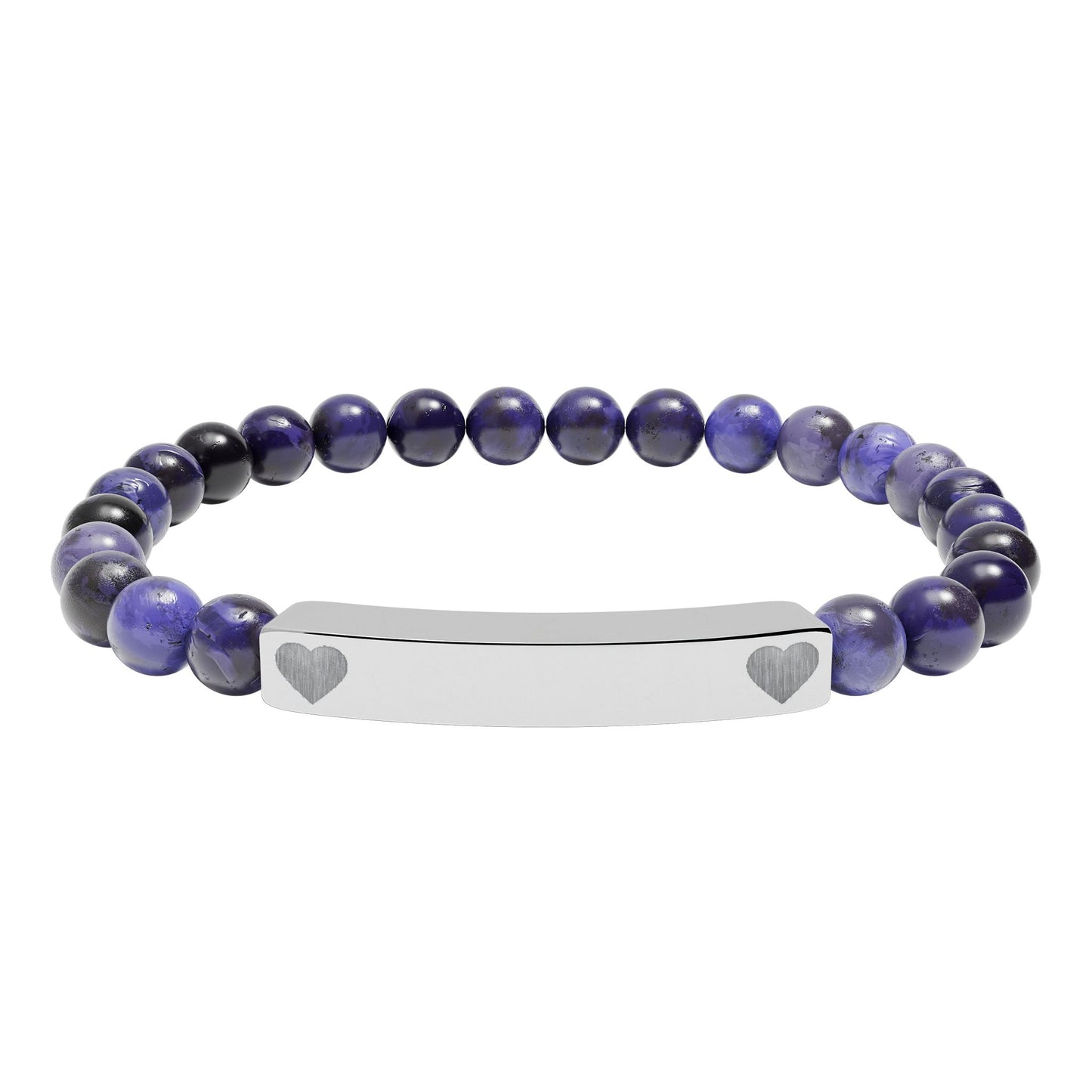 Personalizable Engraved Natural Stone Bar & Stretch Bead Bracelet with Heart Accent