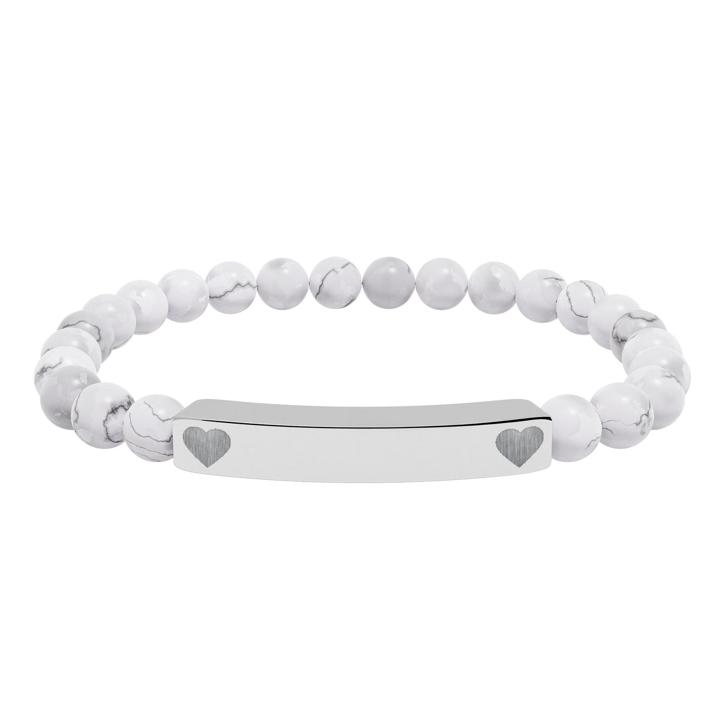 Personalizable Engraved Natural Stone Bar & Stretch Bead Bracelet with Heart Accent