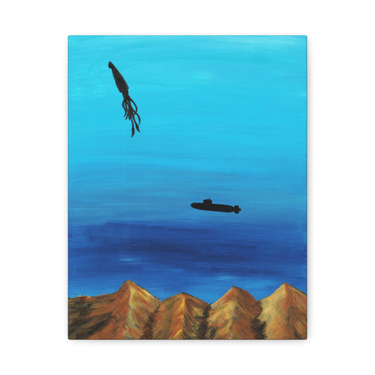 Canvas Print - Under the Sea Painting with Submarine and Giant Squid